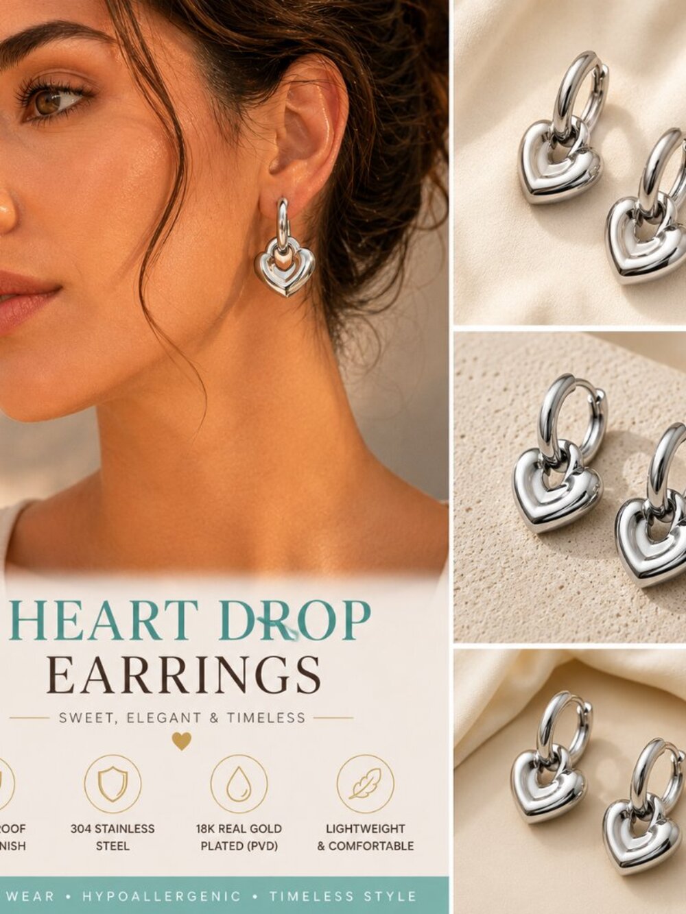 Classic Puffy Heart Drop Earrings Waterproof Non-Tarnish Stainless Steel Huggies
